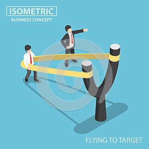 Isometric businessman preparing to fly by slingshot catapult