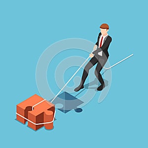 Isometric businessman pull jigsaw block into compatible hole