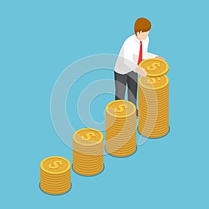 Isometric businessman put coin to growth stack of coins.