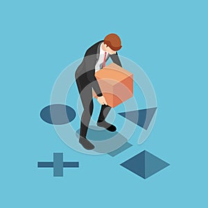 Isometric businessman putting the square box into the right hole