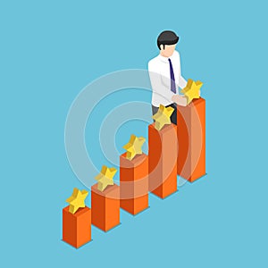 Isometric businessman putting star on the top of growth business graph