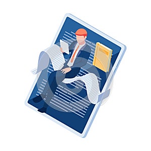 Isometric Businessman Reading Book with Digital Tablet