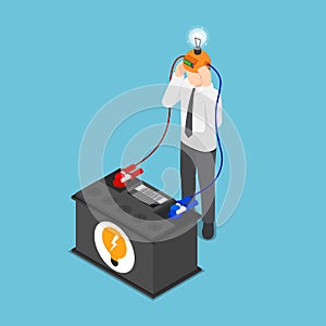 Isometric businessman recharge his idea from battery