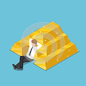 Isometric businessman resting with the pile of gold bar.