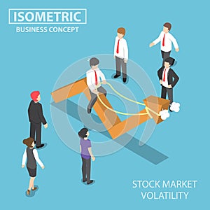 Isometric businessman riding skittish stock market graph photo