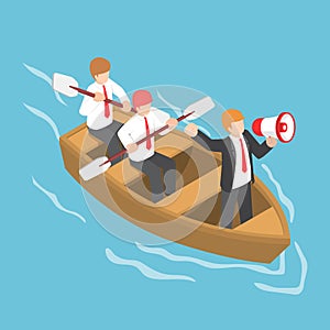 Isometric businessman in rowing team with leader command and con