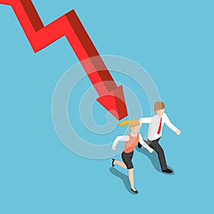 Isometric businessman runaway from falling graph.