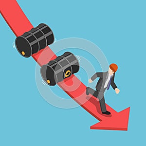 Isometric businessman running away from falling oil barrels on t