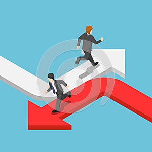 Isometric businessman running on the different arrow in the opposite direction