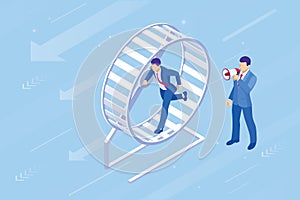 Isometric businessman running in a hamster wheel. The business as hard work, motivation and success concept.