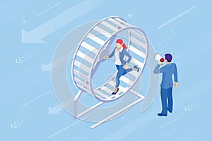 Isometric businessman running in a hamster wheel. The business as hard work, motivation and success concept.