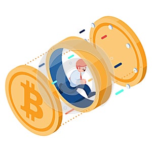 Isometric Businessman Running Inside Bitcoin