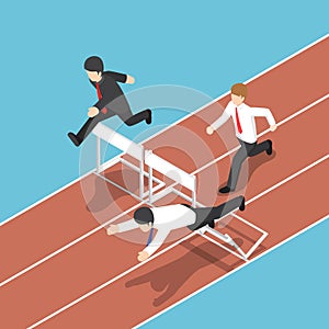 Isometric businessman running with obstacle in hurdle race.