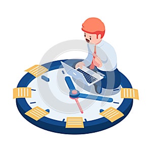 Isometric Businessman Sitting on Clock with Sticky Note