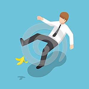 Isometric businessman slipped on a banana peel.