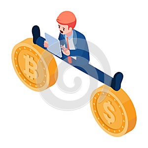 Isometric Businessman Spread his Legs Between Dollar and Bitcoin