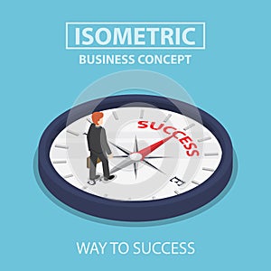 Isometric businessman standing on compass that points to success