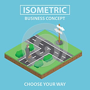 Isometric businessman standing in front of crossroad