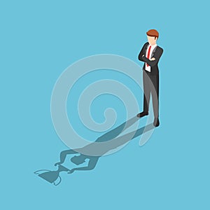 Isometric businessman standing with his shadow holding winner trophy