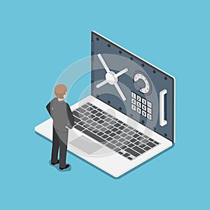 Isometric businessman standing with laptop and security door on
