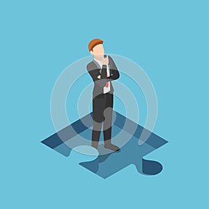 Isometric  Businessman Standing and Thinking in the Missing Part of Jigsaw Puzzle