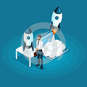 Isometric businessman stands with ico startup project rocket launch into the sky, the concept of business development