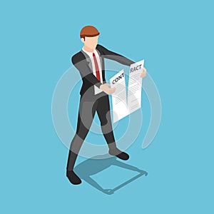 Isometric Businessman Tearing Apart Contract Document