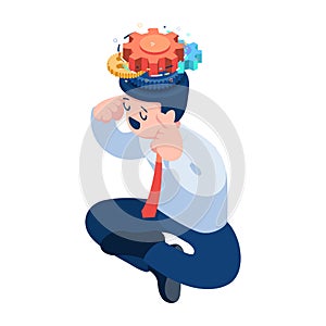 Isometric Businessman Thinking with Gears Mechanism Inside His Head