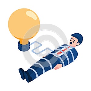 Isometric Businessman Tied Up with Light Bulb of Idea