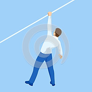 Isometric businessman tightrope walker is on the rope. Risk challenge in business, business risk, conquering adversity