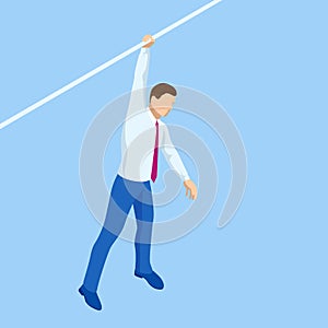 Isometric businessman tightrope walker is on the rope. Risk challenge in business, business risk, conquering adversity