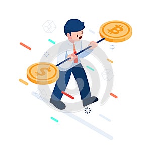 Isometric Businessman Trying to Balance Dollar and Bitcoin