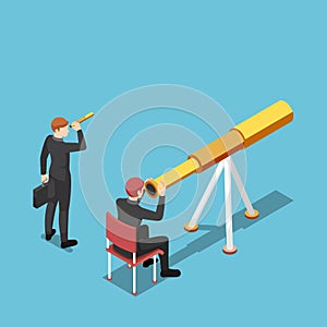 Isometric businessman use bigger telescope than his rival