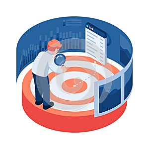 Isometric Businessman use Magnifying Glass Analyze Target