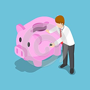 Isometric businessman use stethoscope to check piggy bank