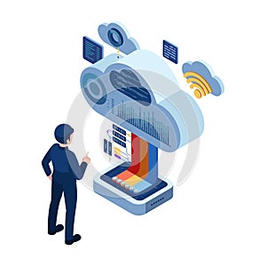 Isometric Businessman Using a Cloud-Based Software for Data Analysis