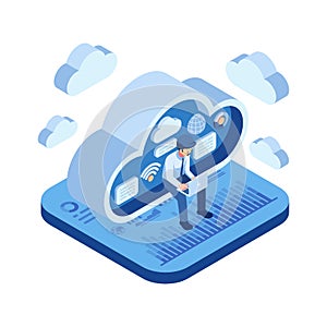 Isometric Businessman Using Laptop Working on Cloud