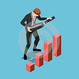 Isometric businessman using magnifying glass to analyze graph finance
