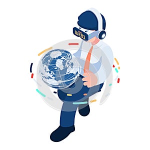 Isometric Businessman with VR Headset Holding Web 3.0 World Globe