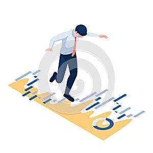 Isometric Businessman Walking and Balancing on Financial Graph