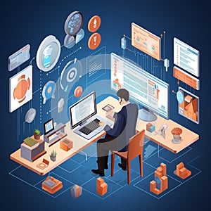 Isometric of businessman working on laptop computer expand graph and chart for analytics. Illustration by generative Ai