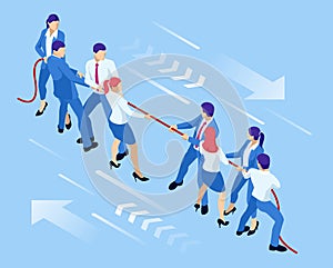 Isometric businessmen and businesswomen in suit pull the rope, competition, conflict. Tug of war and symbol of rivalry.