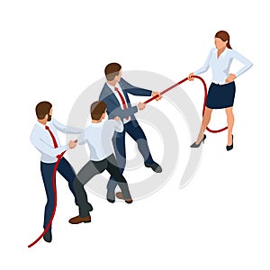 Isometric businessmen and businesswomen in suit pull the rope, competition, conflict. Tug of war and symbol of rivalry.