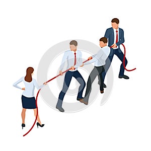 Isometric businessmen and businesswomen in suit pull the rope, competition, conflict. Tug of war and symbol of rivalry.