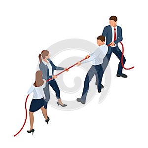 Isometric businessmen and businesswomen in suit pull the rope, competition, conflict. Tug of war and symbol of rivalry.