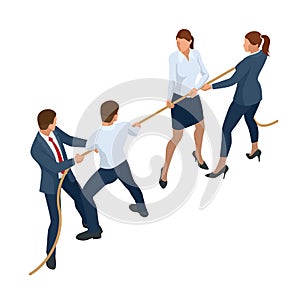 Isometric businessmen and businesswomen in suit pull the rope, competition, conflict. Tug of war and symbol of rivalry.