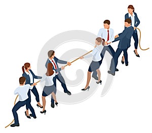 Isometric businessmen and businesswomen in suit pull the rope, competition, conflict. Tug of war and symbol of rivalry. photo
