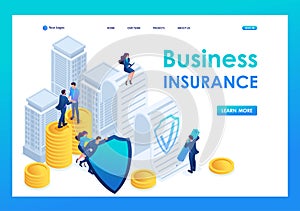 Isometric Businessmen insure their assets, investments and shares, shield. Landing page concepts and web design