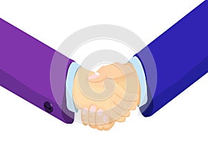 Isometric businessmen shake hands.