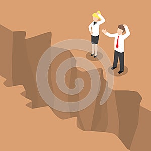 Isometric businesspeople standing at edge of the cliff